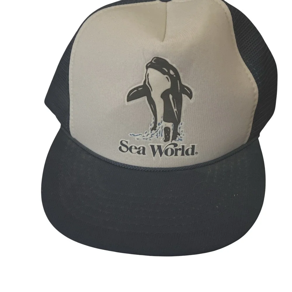 Vintage 1987 Sea World Snapback Trucker Hat Cap Foam Orca Shamu Blue‎ EUC